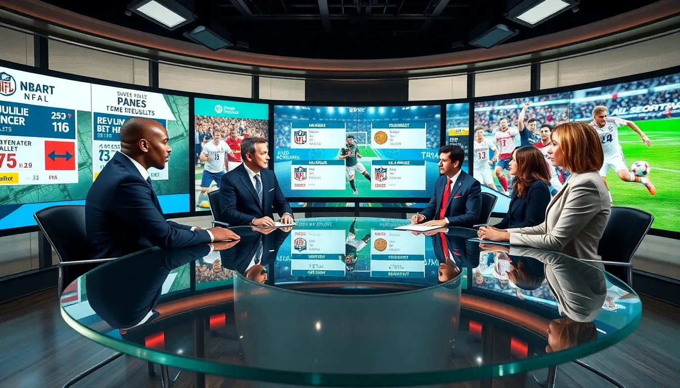 sports analysts discussing major headlines in a modern newsroom.