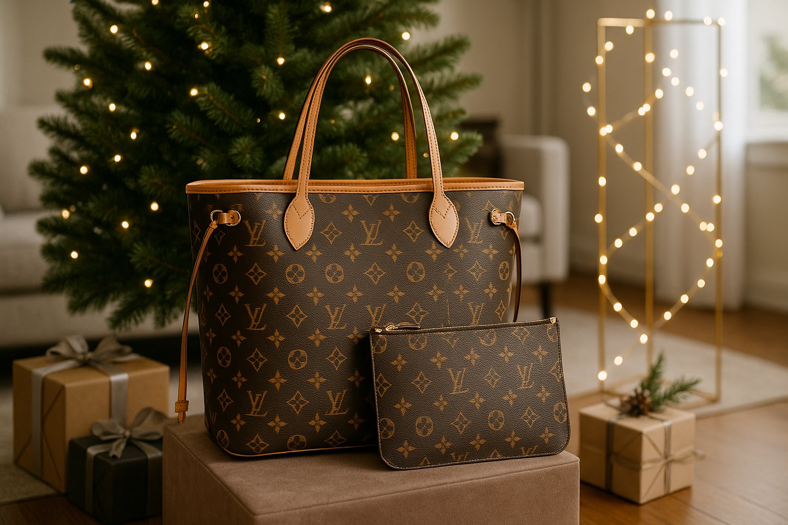 Louis Vuitton bag under a Christmas tree with gifts nearby.
