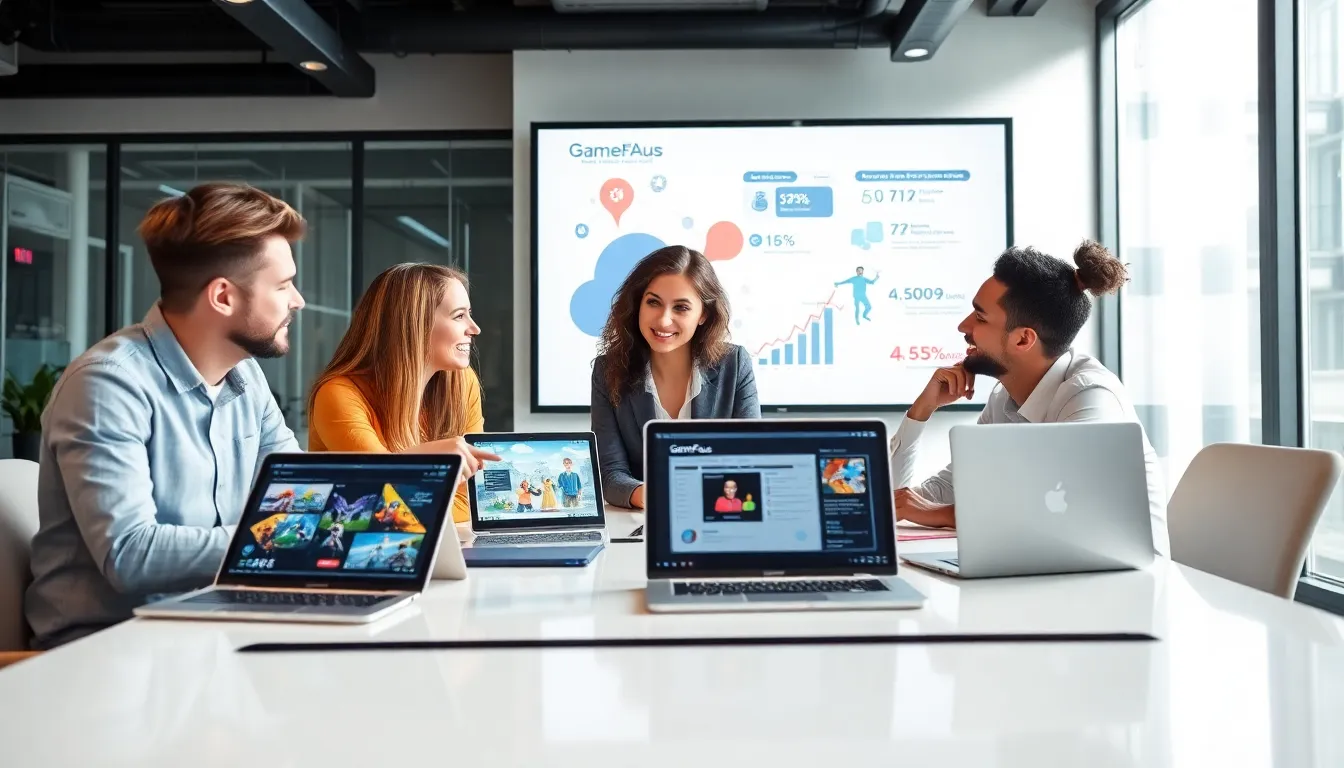 diverse team discussing gaming strategies in a modern office.