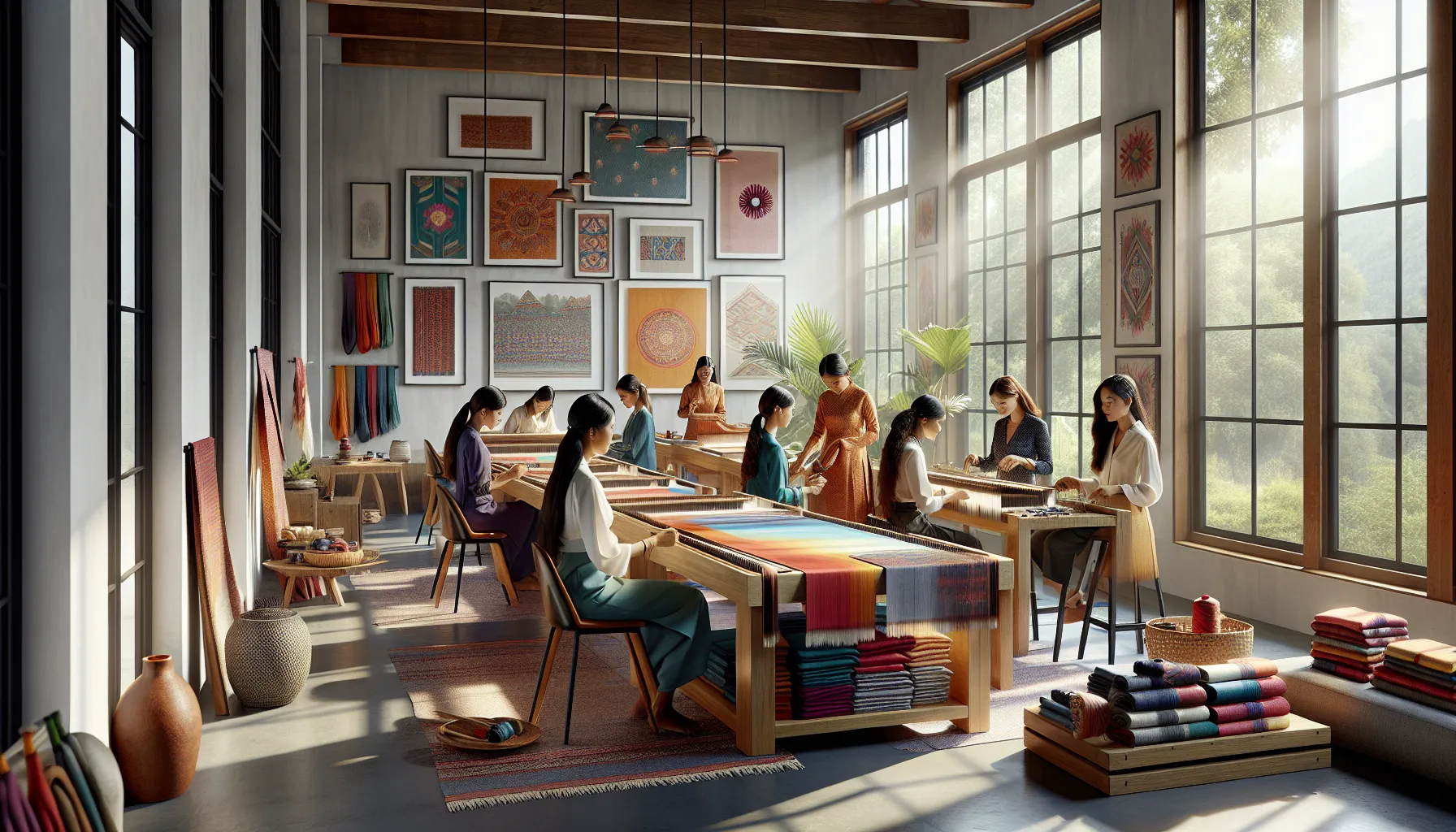 women artisans creating Nepalichikāi textiles in a modern workspace.