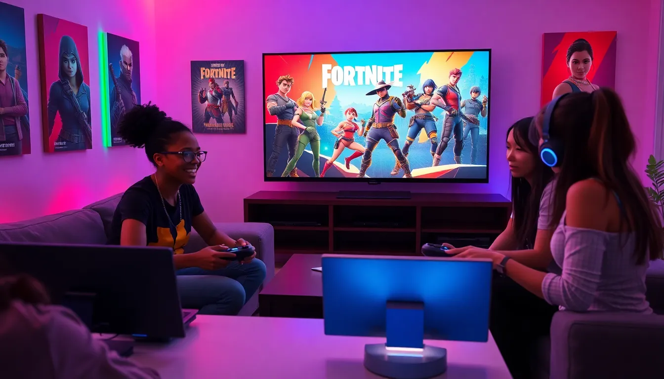 diverse gamers enjoying Fortnite in a modern living room.