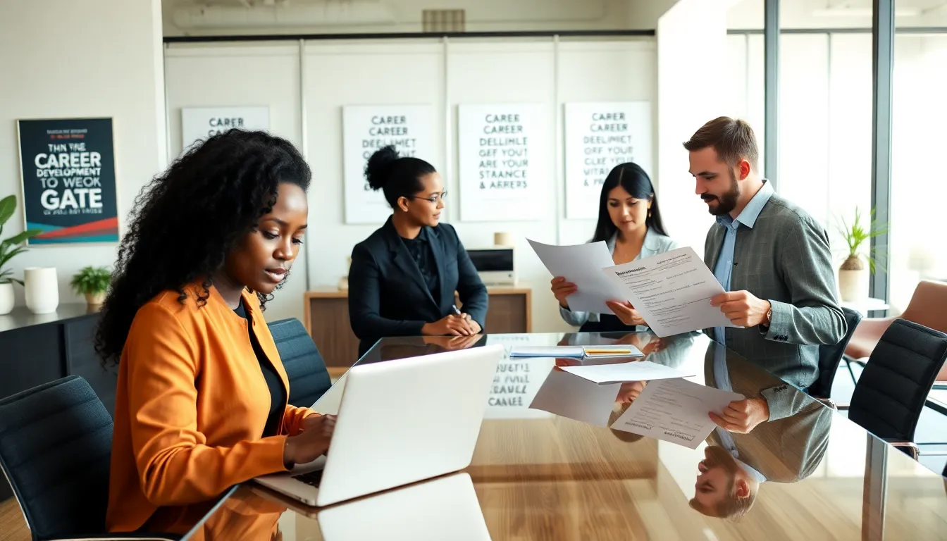 diverse professionals collaborating on career development in a modern office.