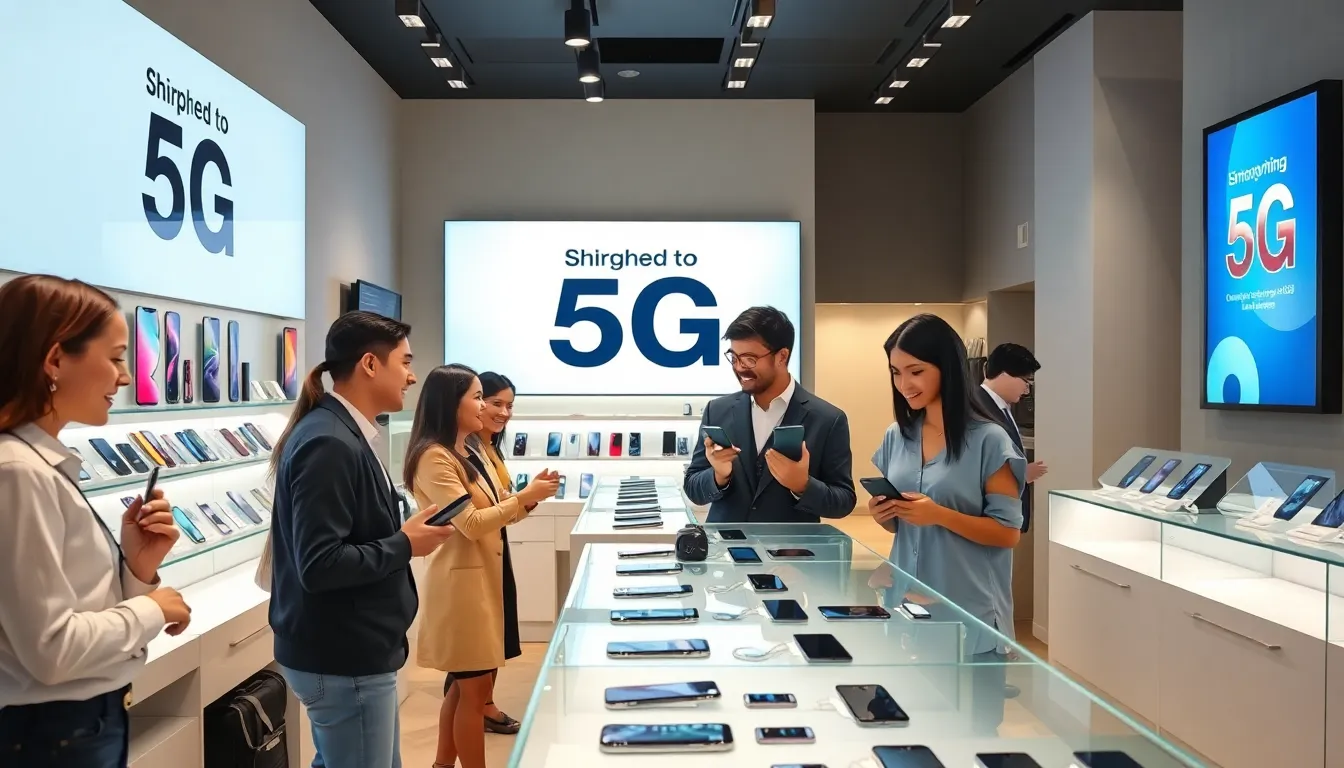 smartphone store featuring affordable 5G phones with diverse customers.