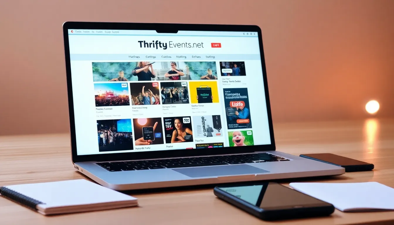 a laptop displaying ThriftyEvents.net with diverse event listings.
