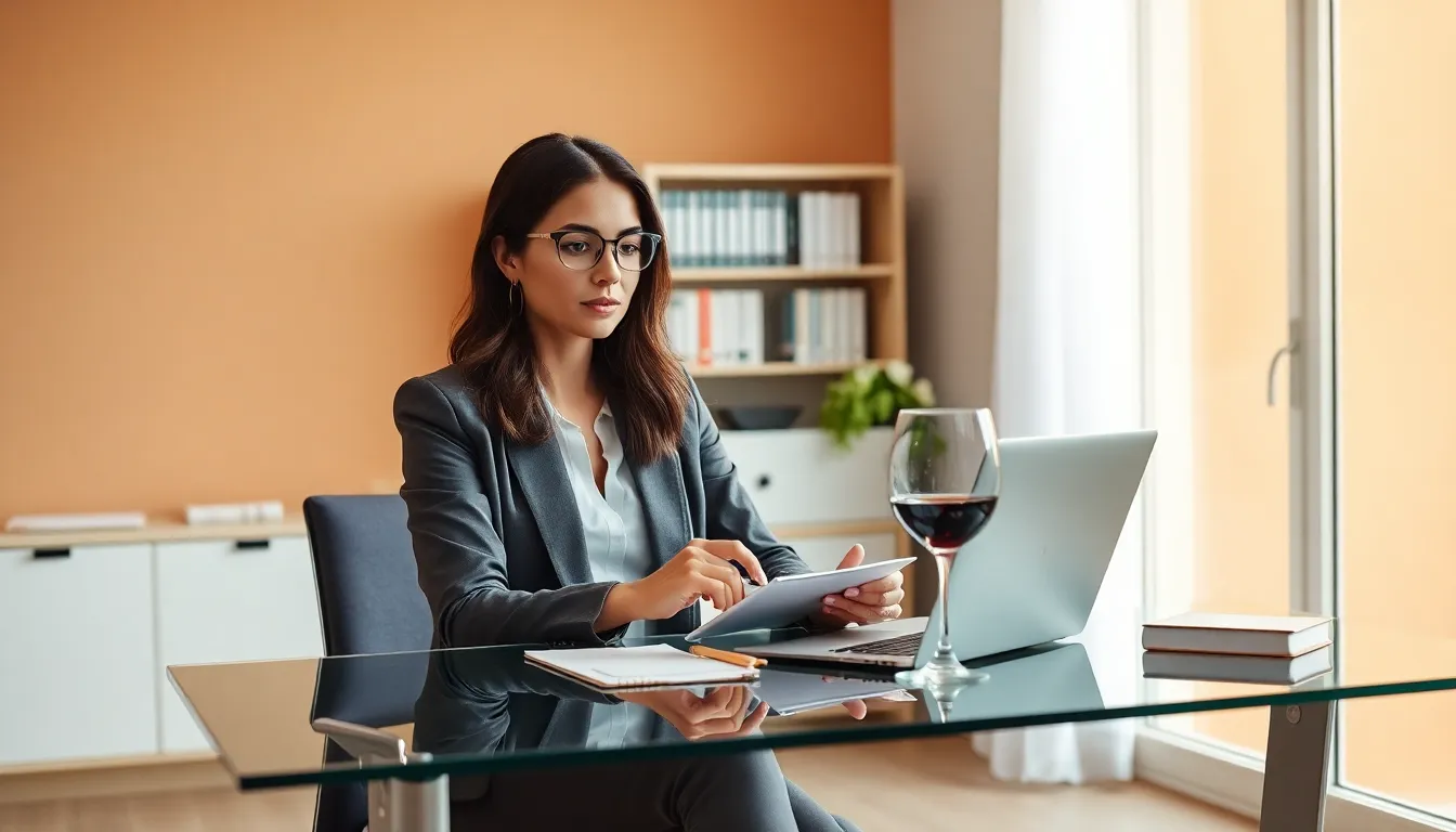 woman calculating finances in a stylish home office.