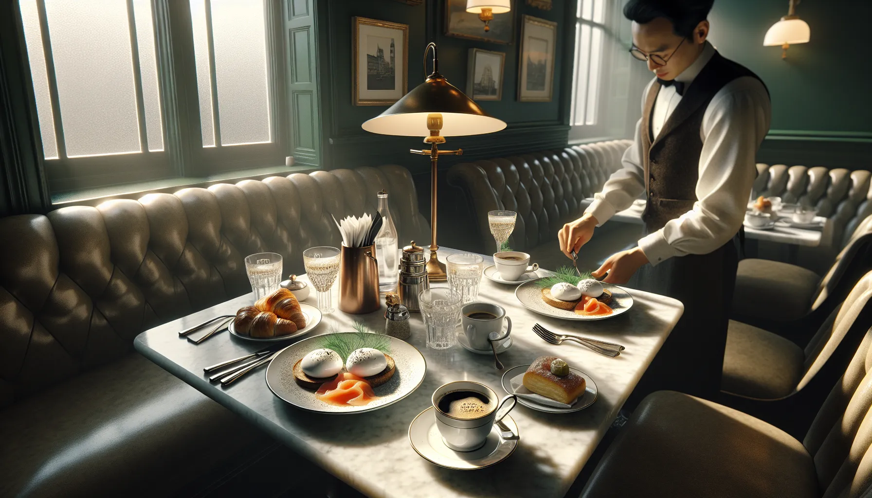 Sunlit oslo café table with classic brunch plates and coffee by a window.