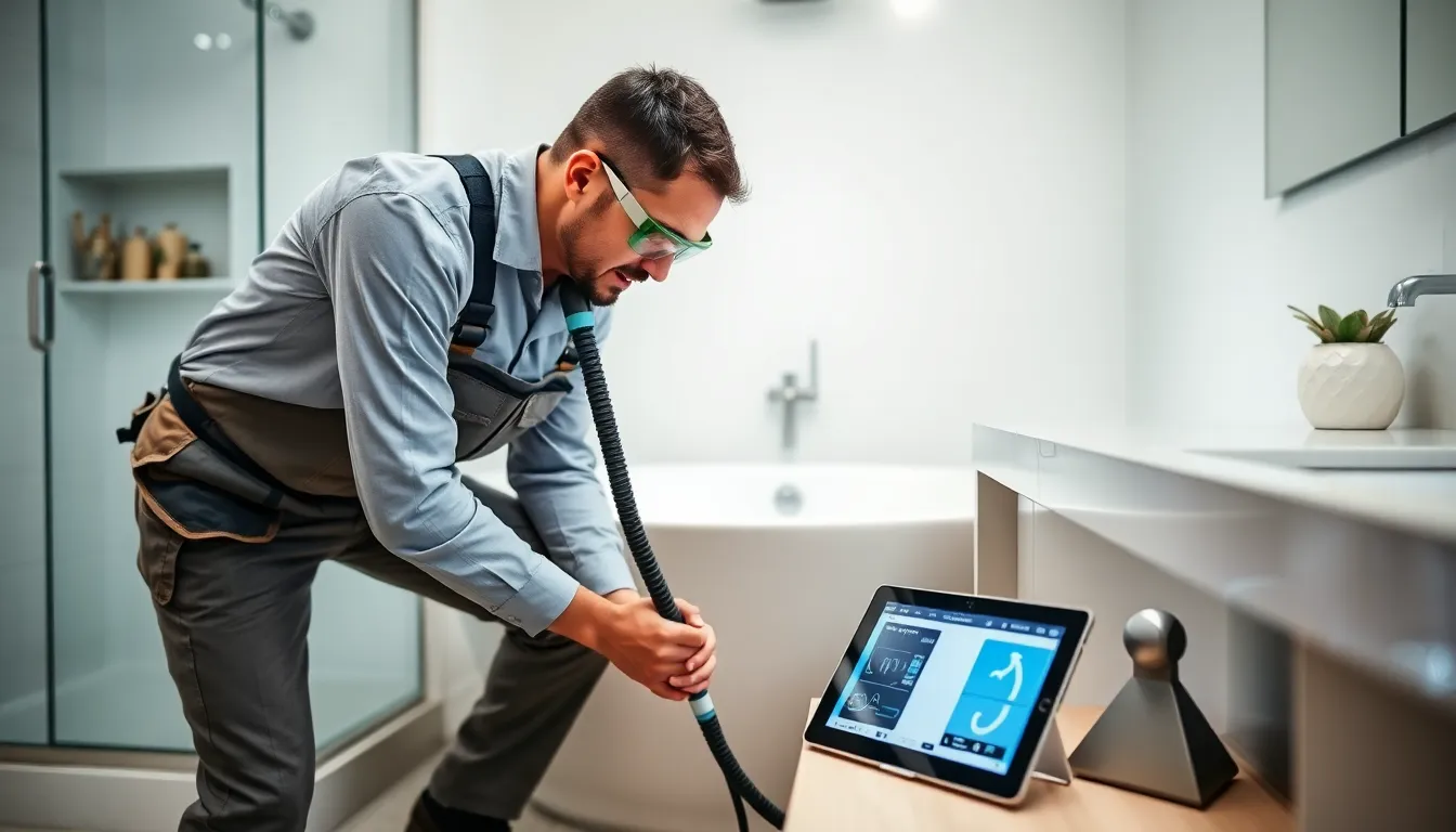 plumber using a snaking tool to clear a bathtub drain.