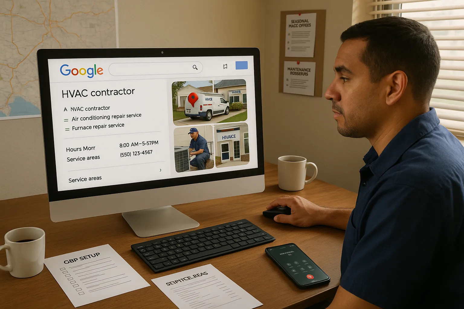 HVAC business owner optimizing his Google Business Profile on a computer in office.