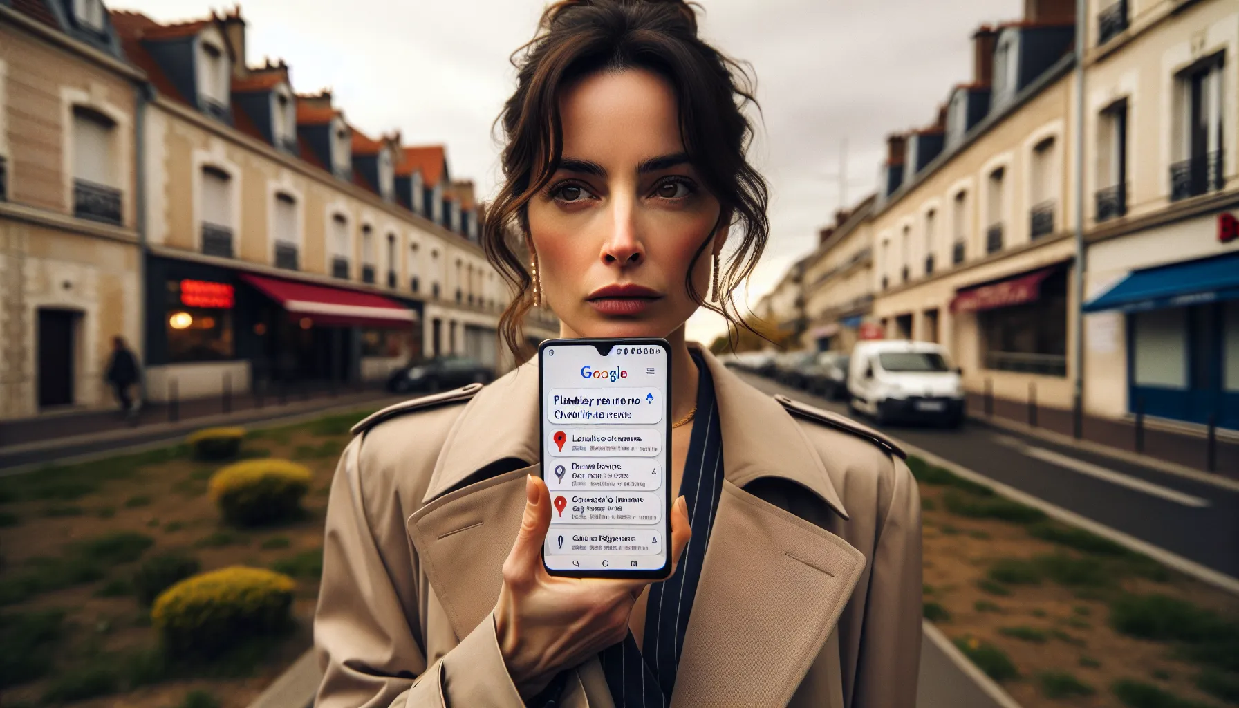 Woman in Chevilly-Larue checking local Google search results for nearby services.