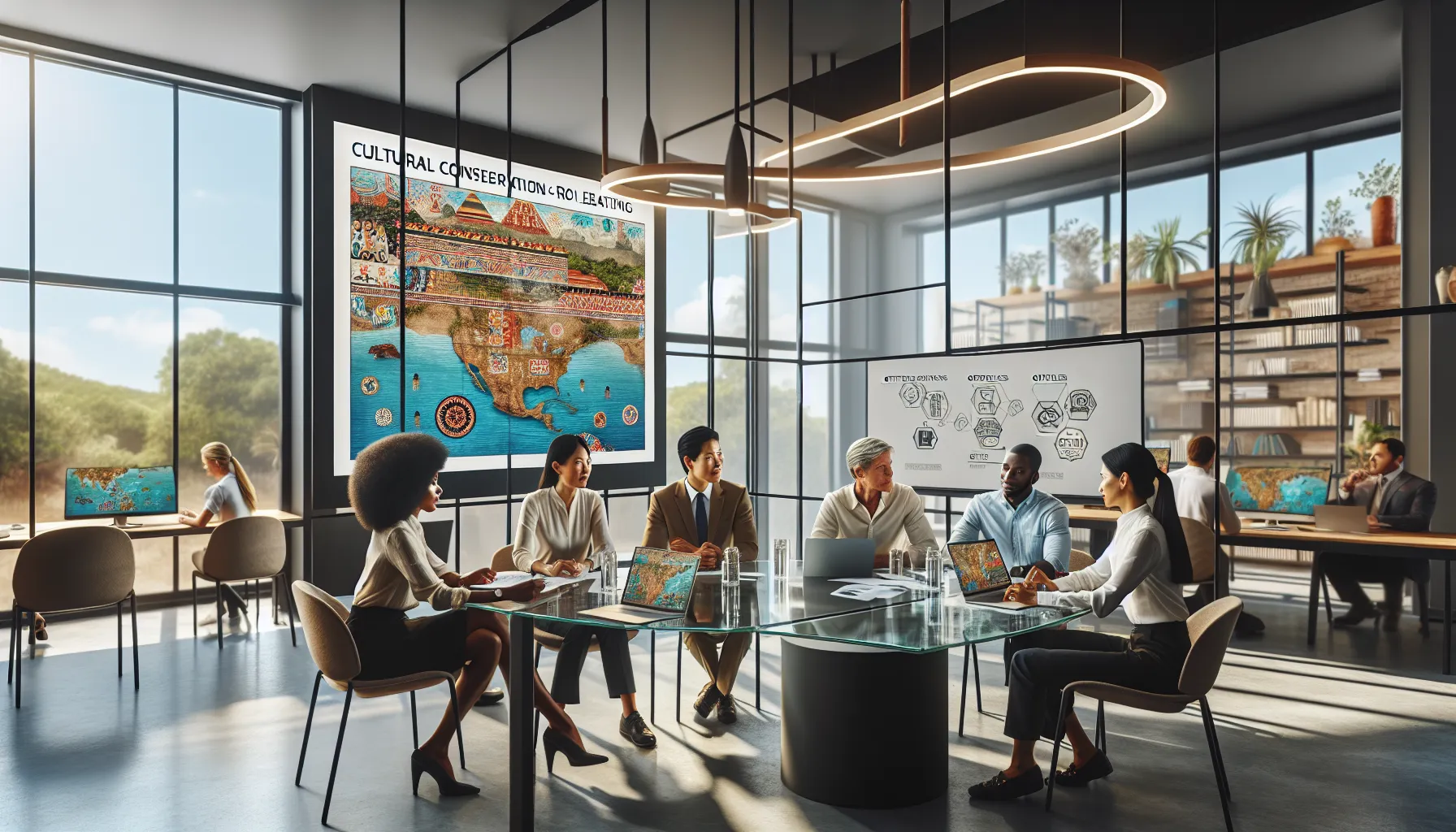 diverse team discussing cultural preservation in a modern office.