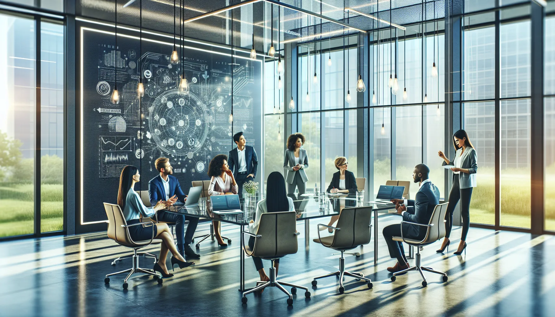diverse team collaborating in a modern office on innovative concepts.
