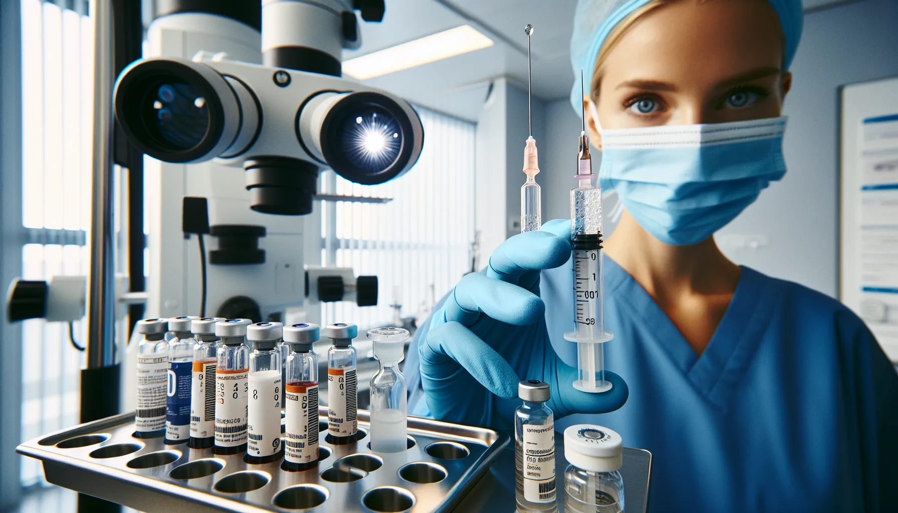 Gloved clinician holds a clear prefilled syringe amid lab tubes, microscope, endoscope.