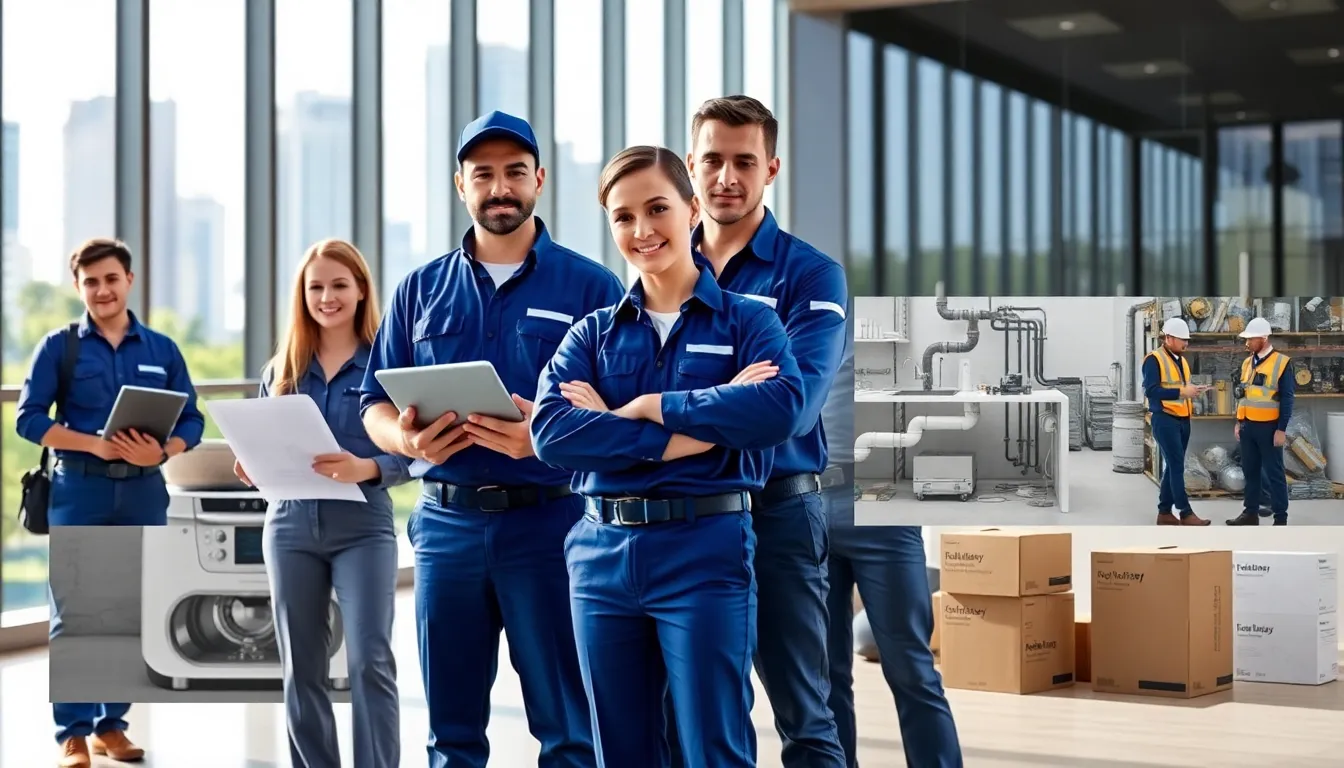 Diverse team of plumbers in a modern Brisbane setting with tools and equipment.