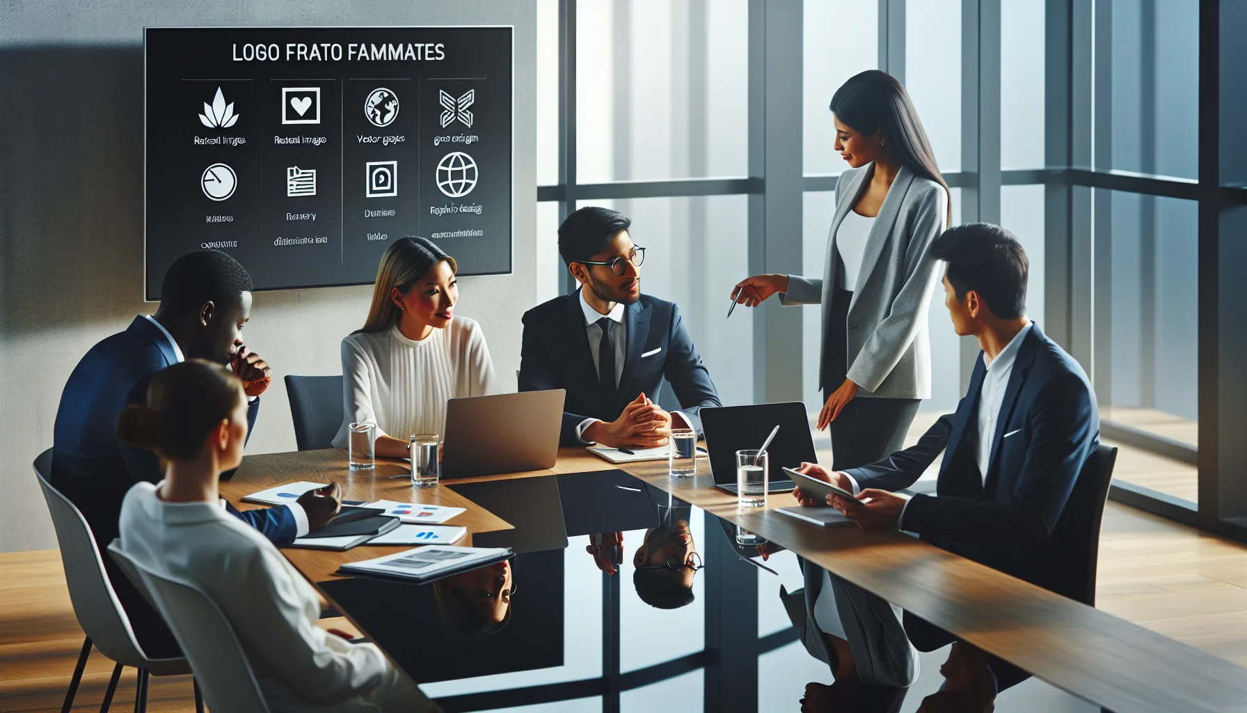 diverse team discussing logo formats in a modern office.