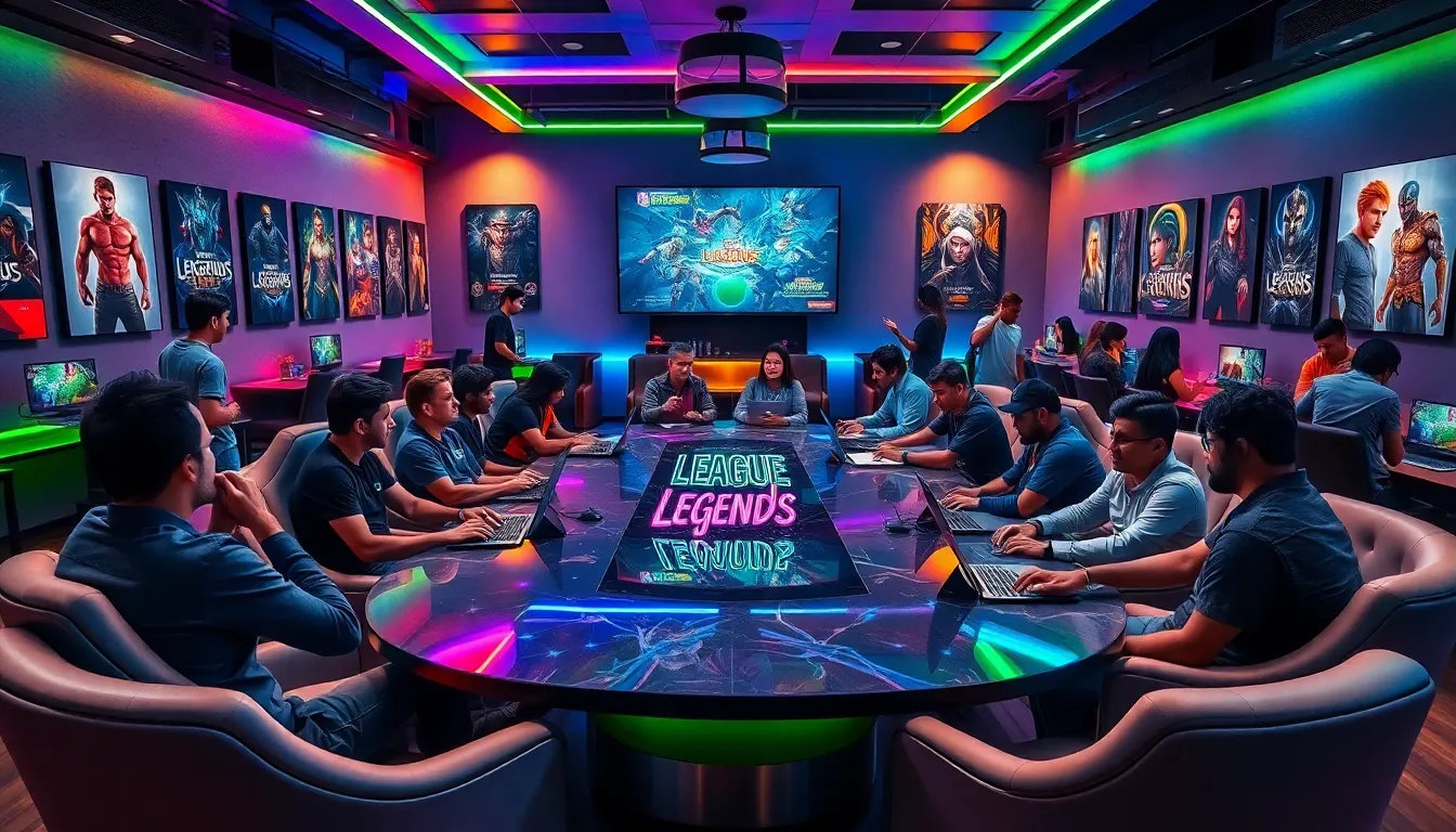 diverse gamers discussing League of Legends in a vibrant lounge.