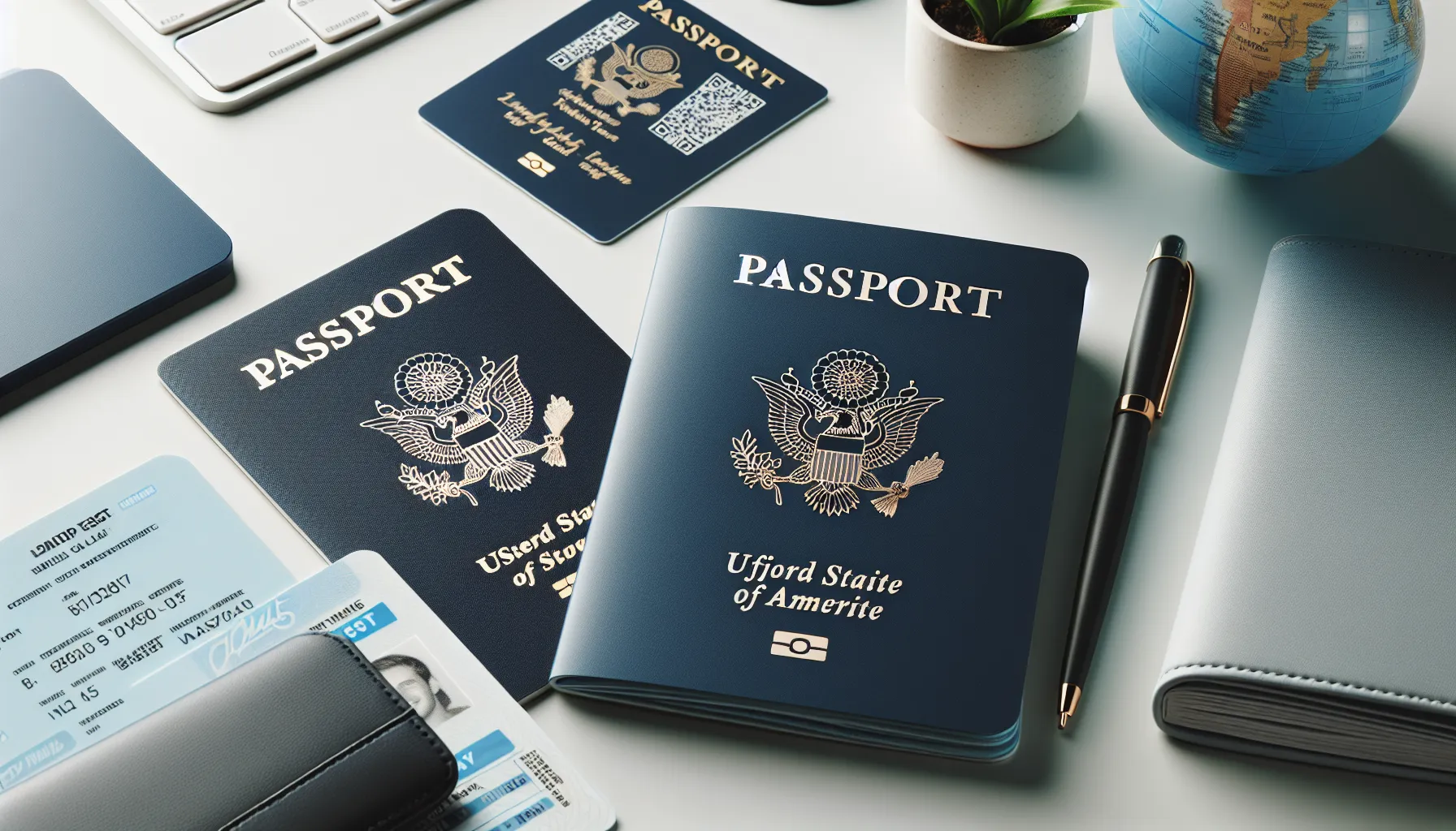 A U.S. passport book and card placed on a desk with travel items.