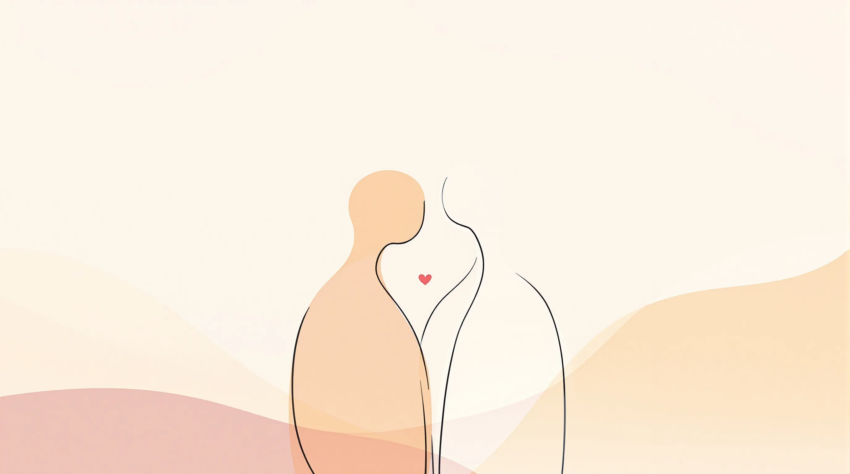 Two minimal silhouettes standing close with a floating heart shape on neutral background.