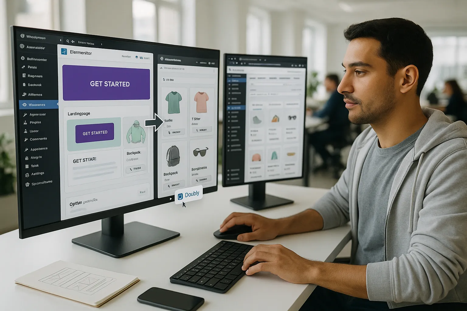 Web designer using Doubly to copy WordPress content between two sites on-screen.