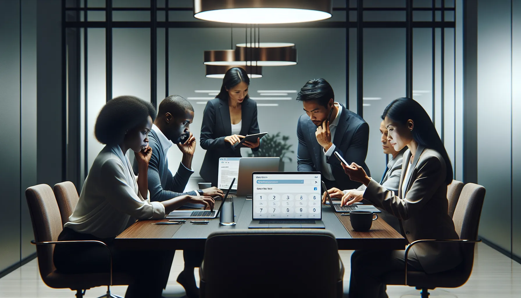 diverse professionals verifying a phone number in a modern office.