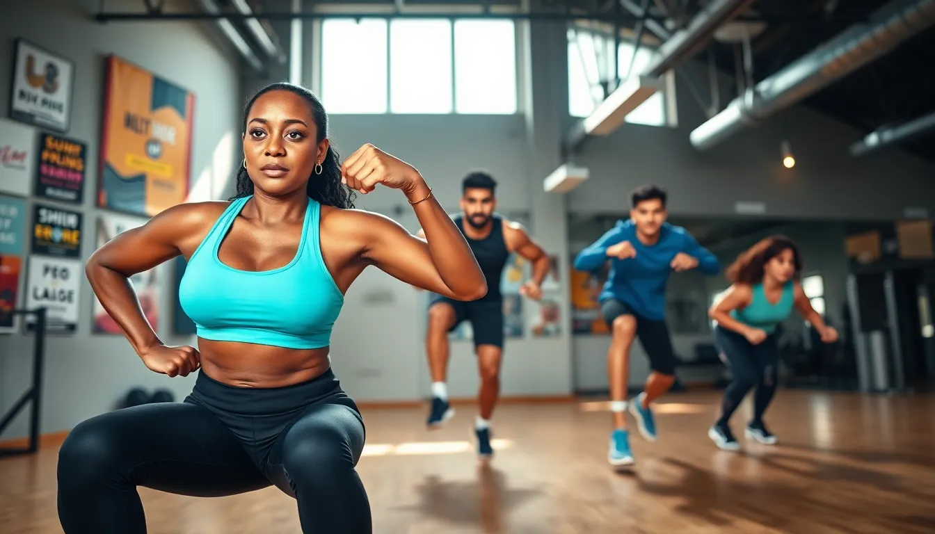a diverse group engaged in a HIIT workout in a modern gym.