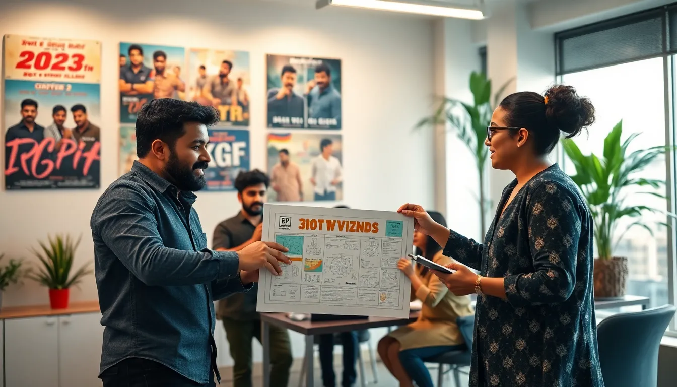 diverse filmmakers collaborating in a modern office for South Indian cinema.