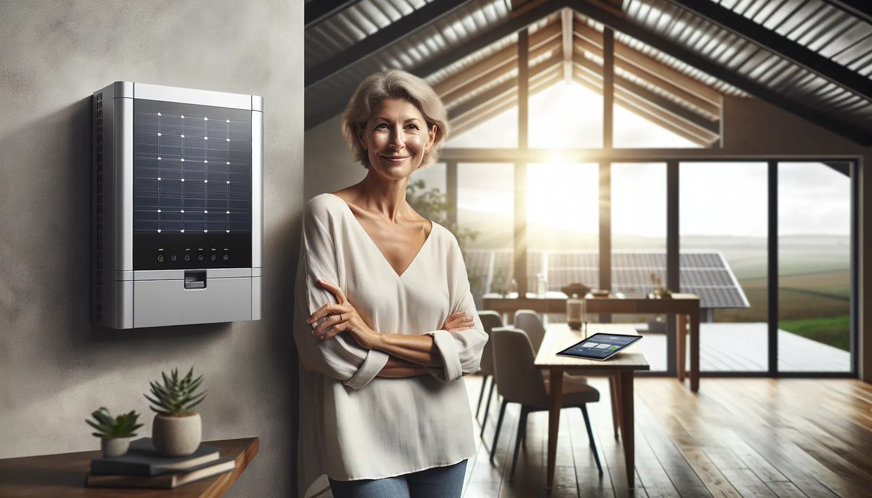 satisfied homeowner with solar technology in a bright modern home.