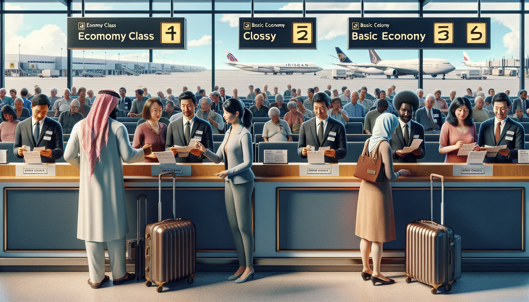 Travelers at an airport comparing economy and basic economy ticket options.