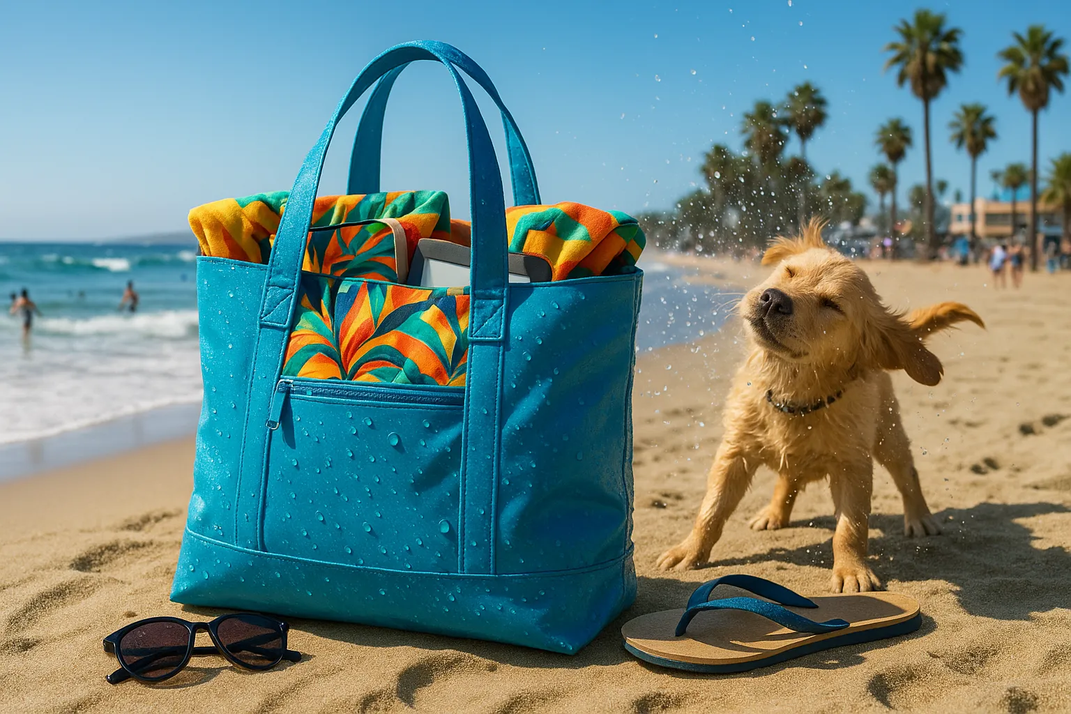 A waterproof tote bag on the sand near the ocean with a playful dog.