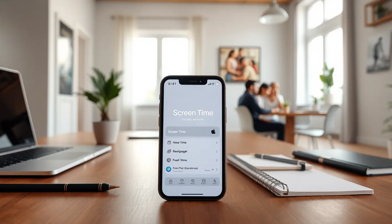 iPhone displaying Screen Time feature in a home office setting.