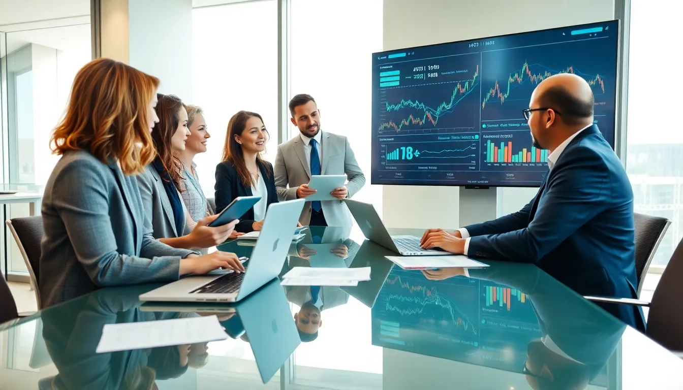 diverse team analyzing market trends in a modern office setting.