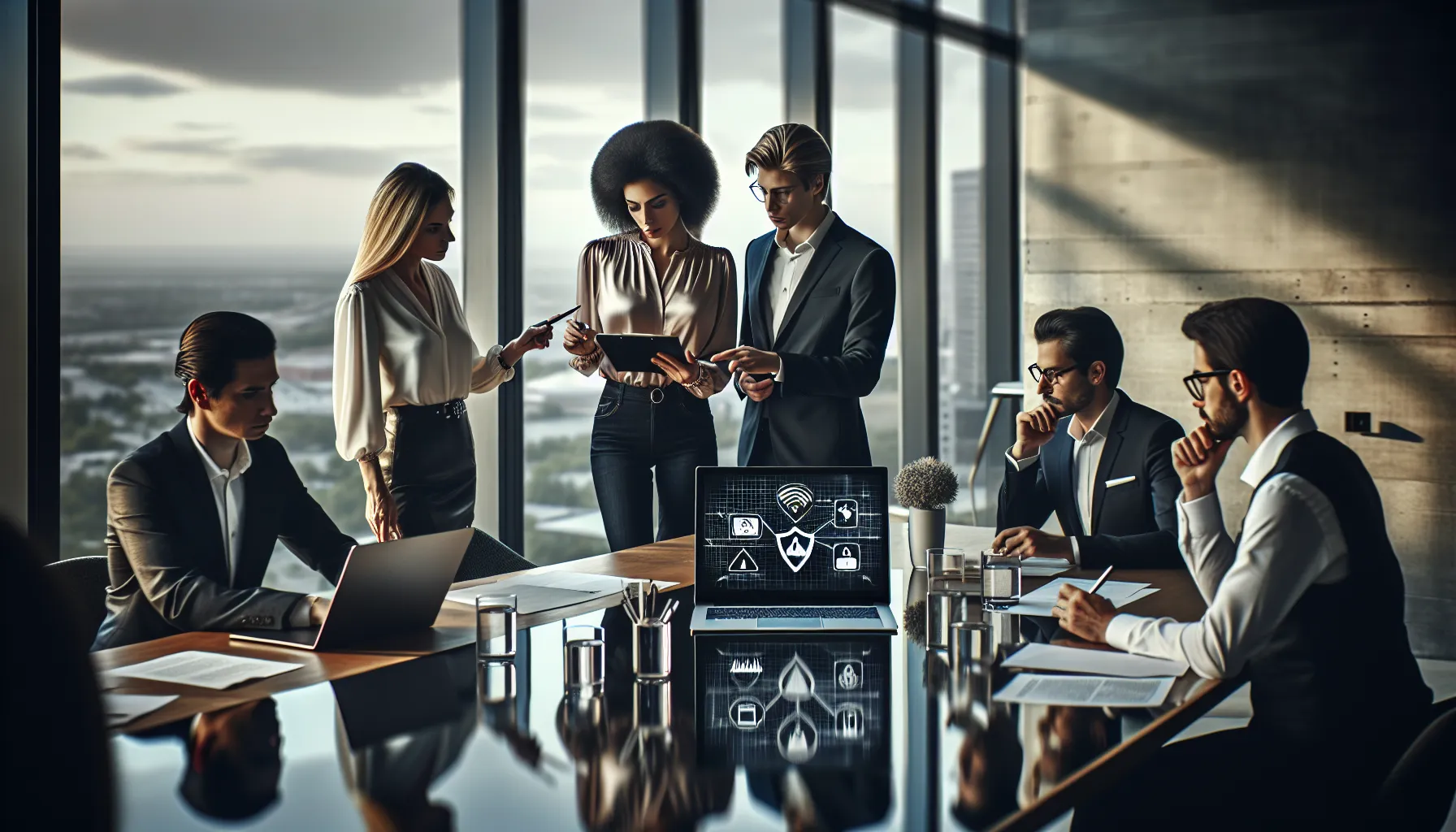 diverse team discussing legal aspects of streaming in a modern office.