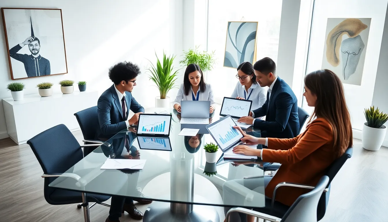 diverse professionals discussing mortgage rates in a modern office.