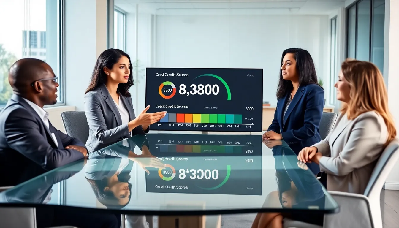 financial advisor explaining credit scores to clients in a modern office.