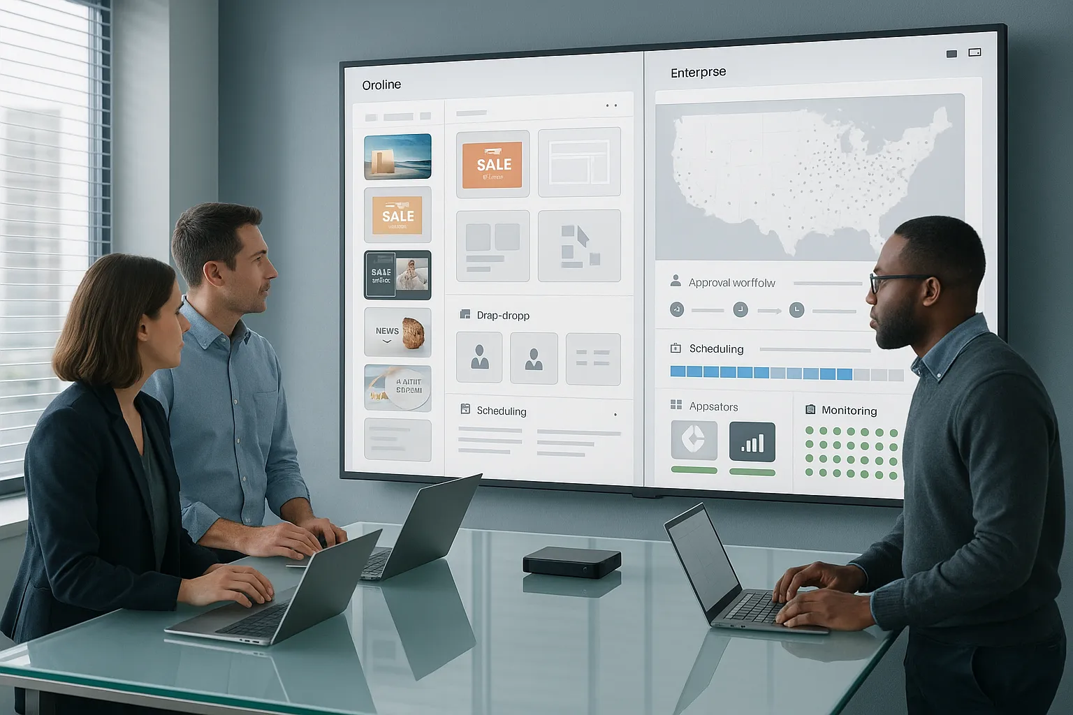 Team reviews enterprise digital signage CMS dashboard with scheduling and monitoring controls.