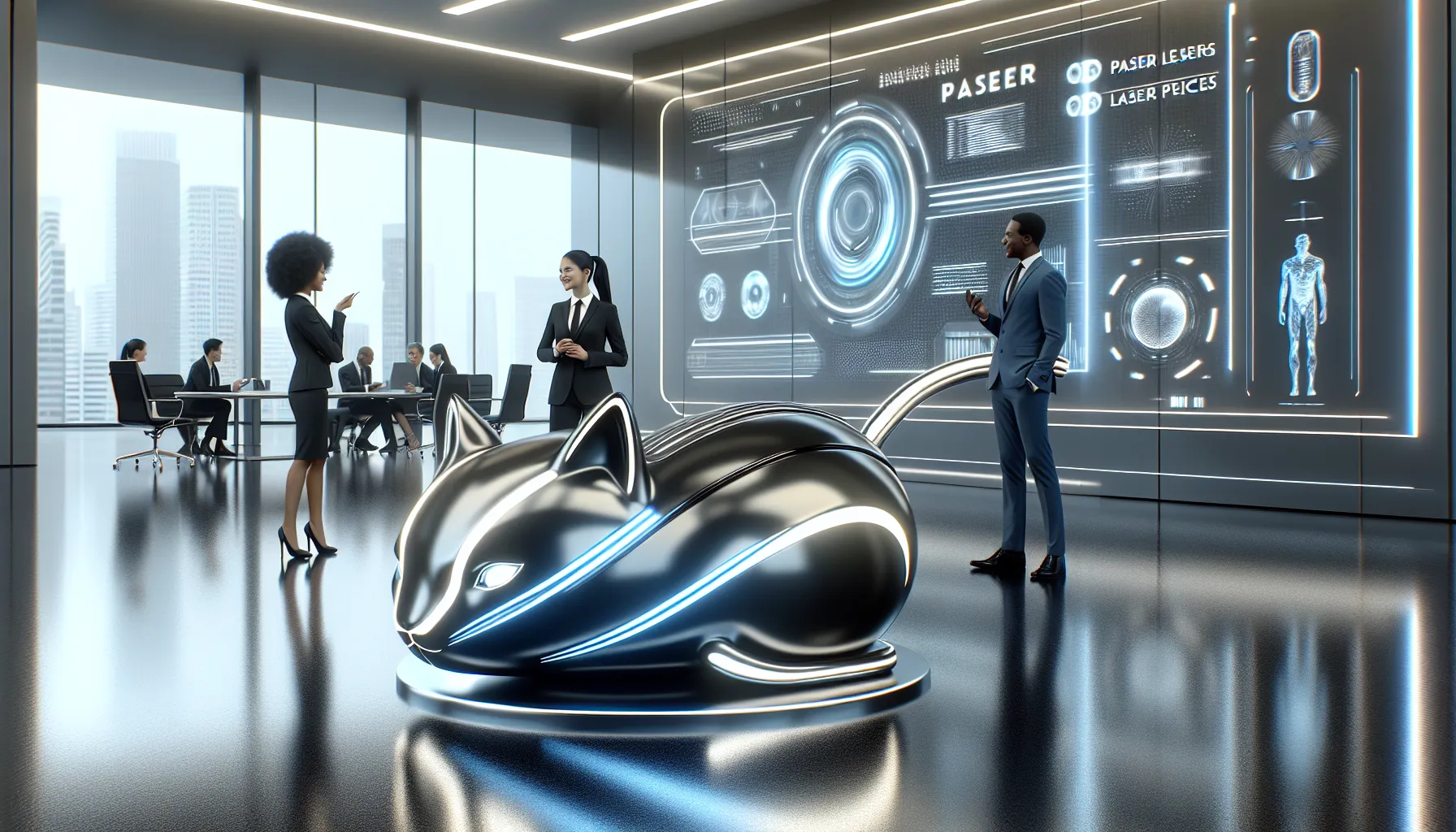 futuristic device and diverse team in a modern office.