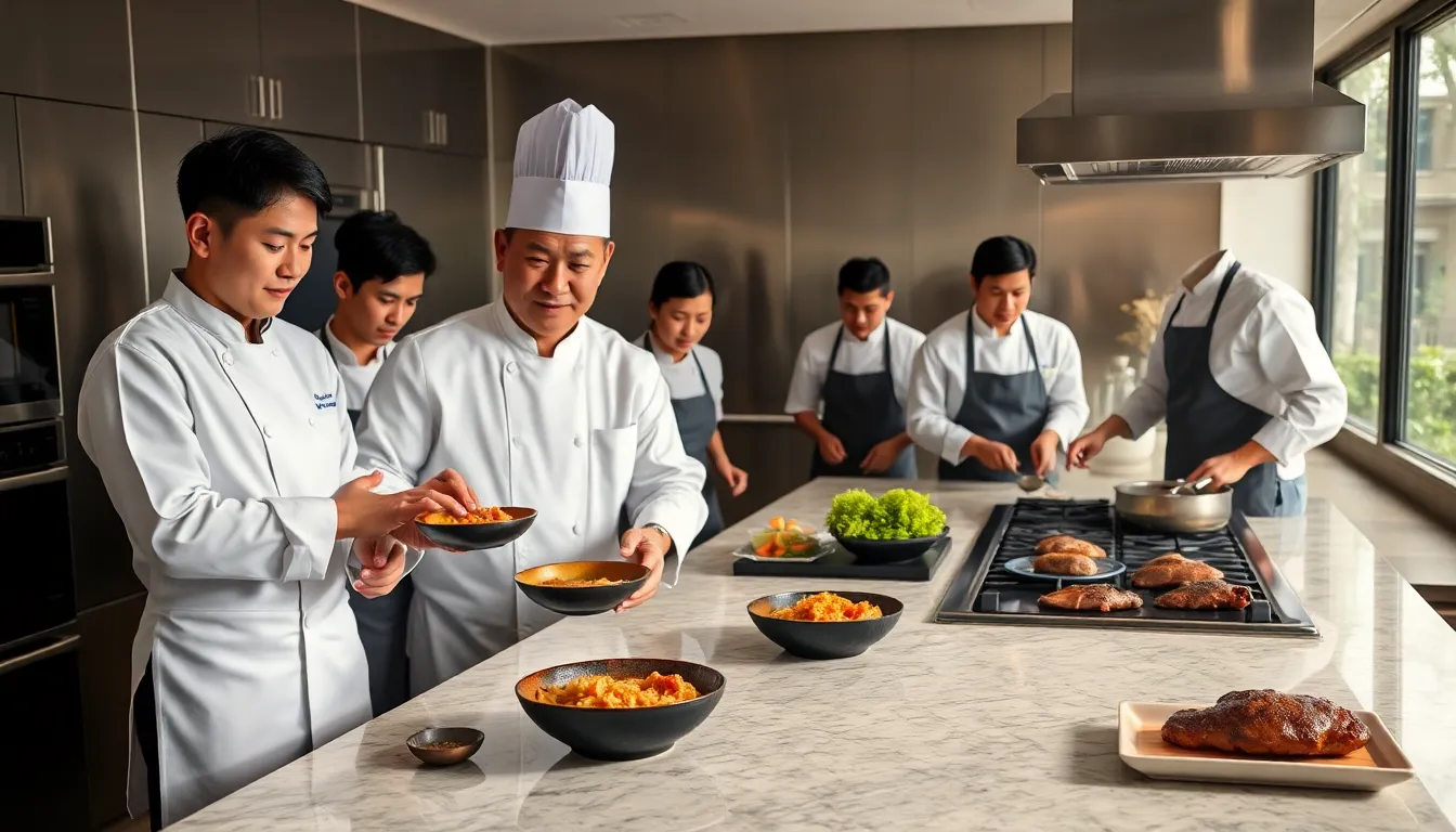 diverse chefs showcasing a dish featuring tongschraoer in a modern kitchen.