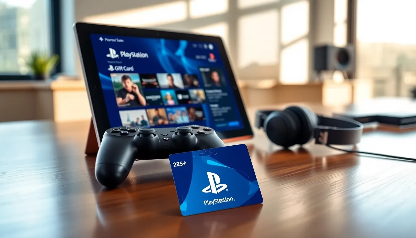 $25 PlayStation card on a stylish desk with gaming accessories.