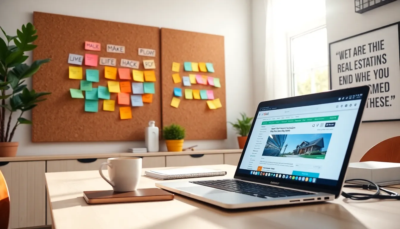 A home office with a desk and real estate listing materials.