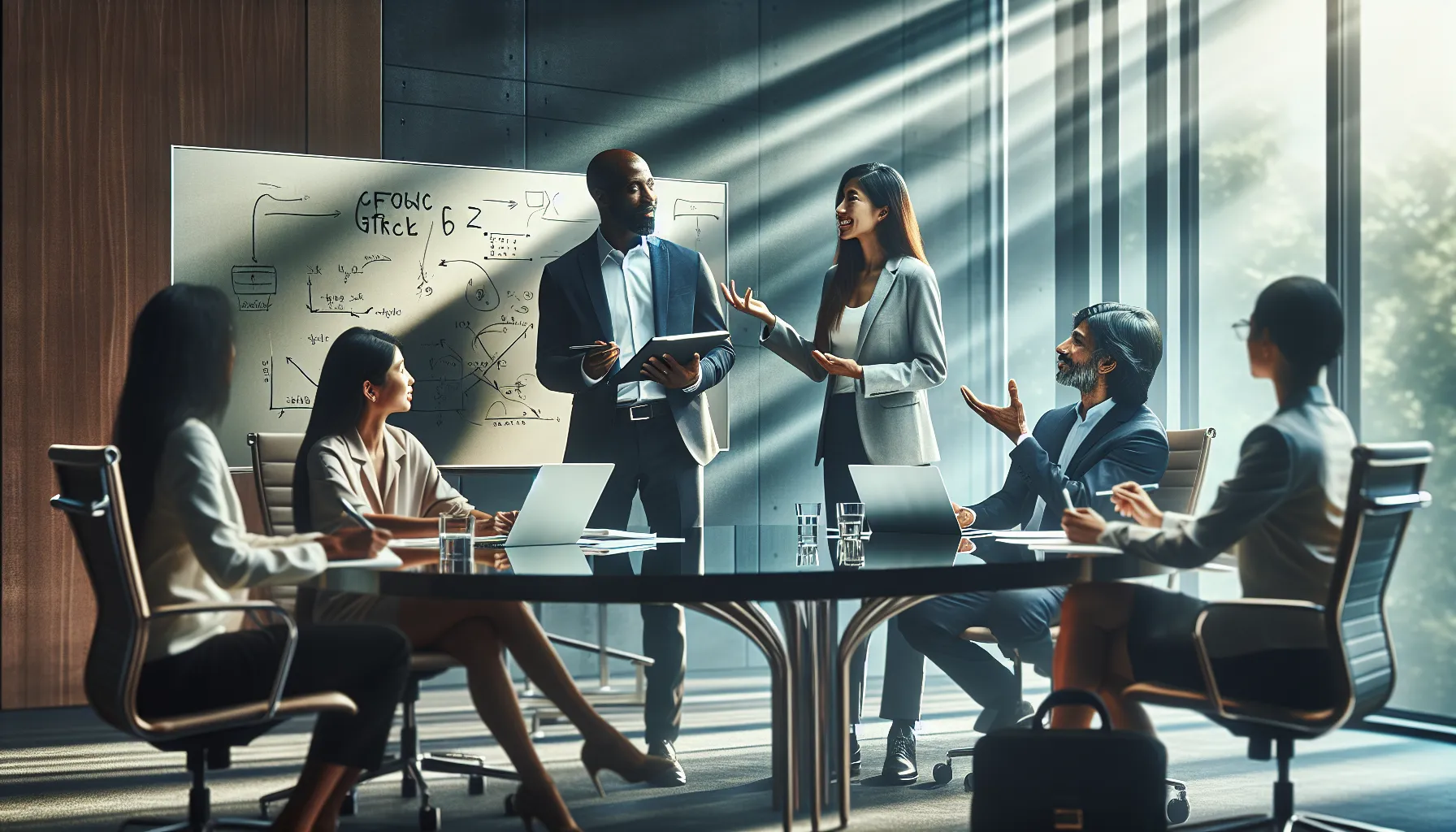 diverse linguists discussing the term Gfktrcbz in a modern conference room.