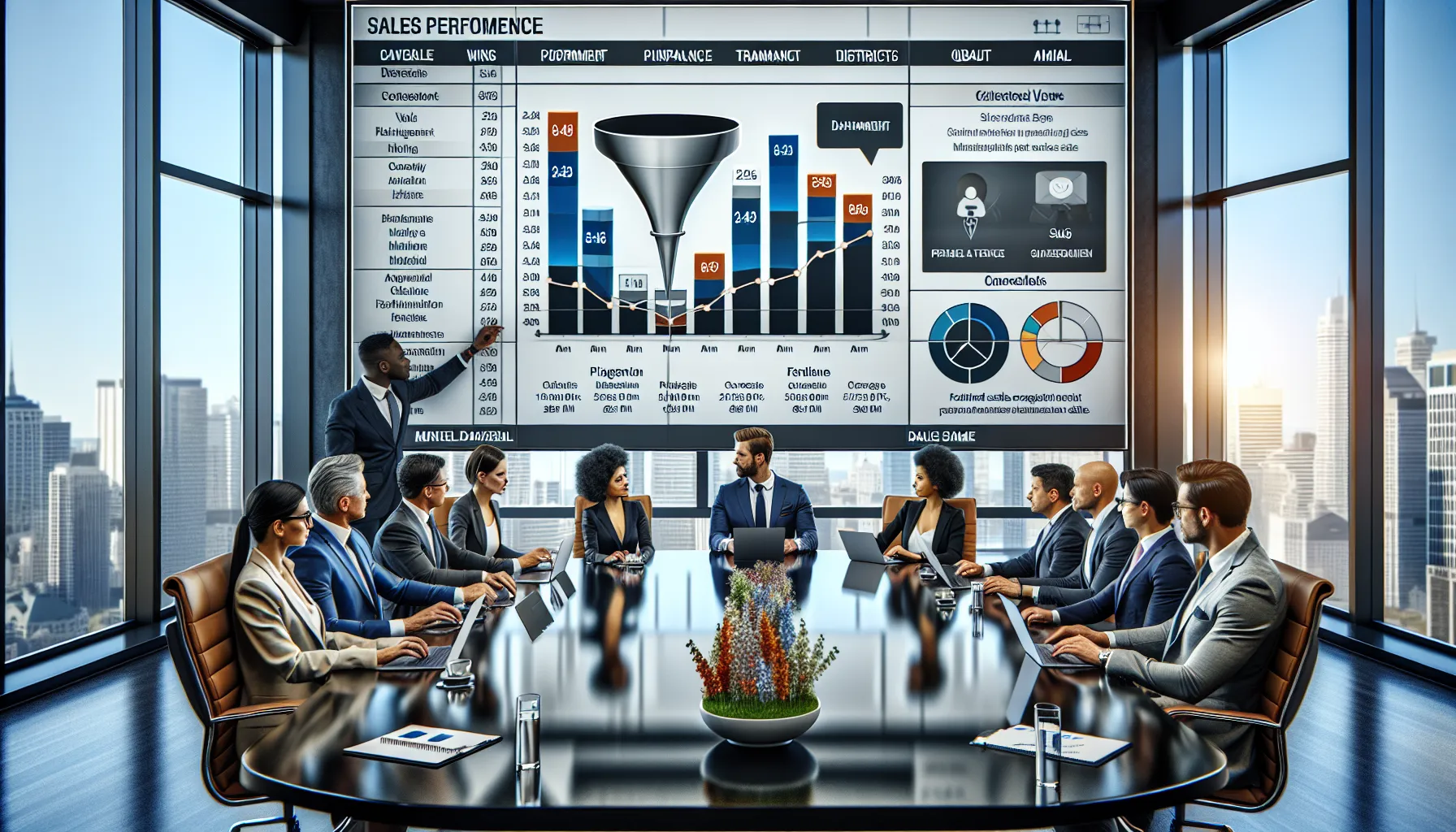 Sales team reviewing a Power BI sales pipeline and performance dashboard in a modern office.