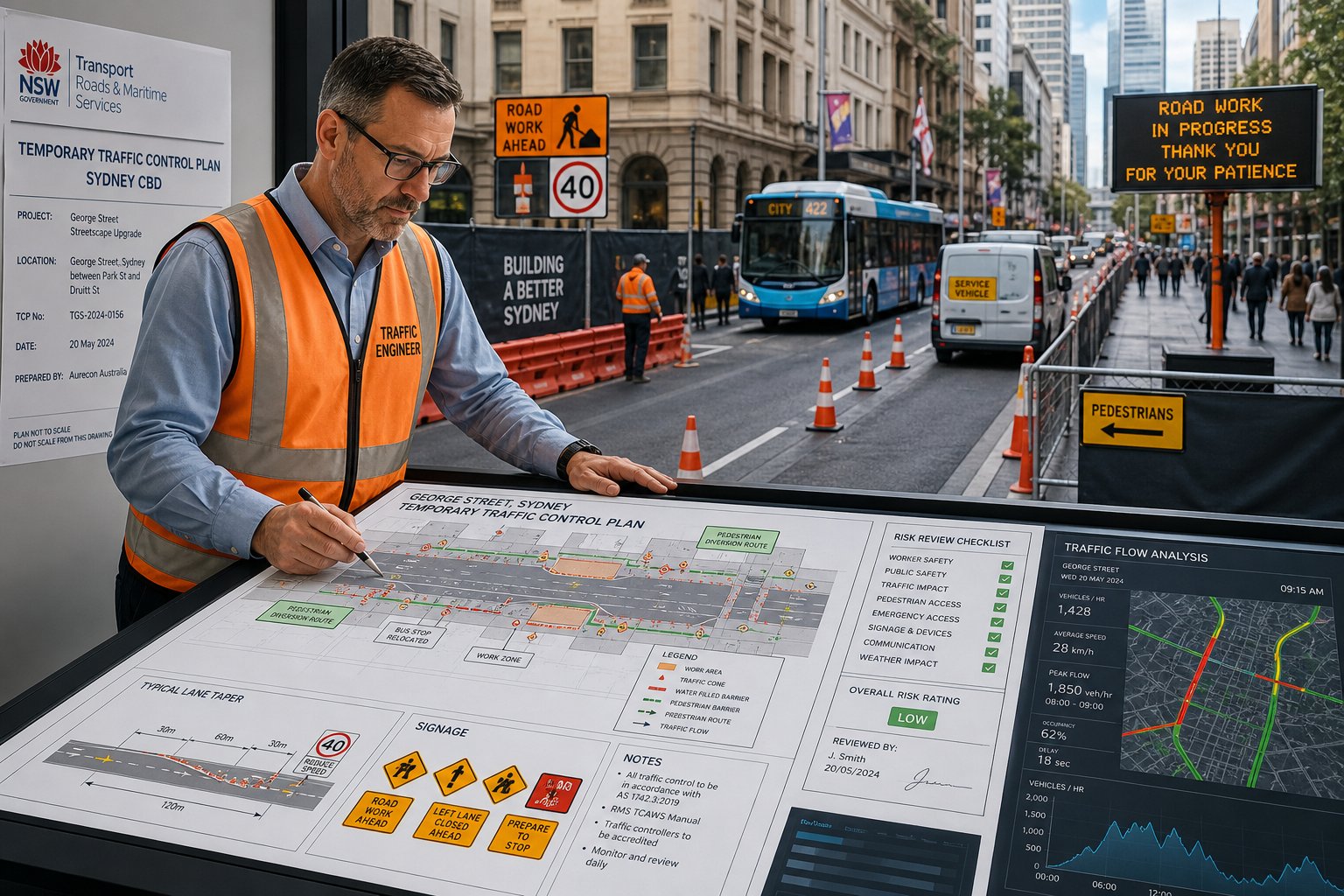 Traffic engineer reviewing a Sydney traffic control plan near a managed roadwork site.