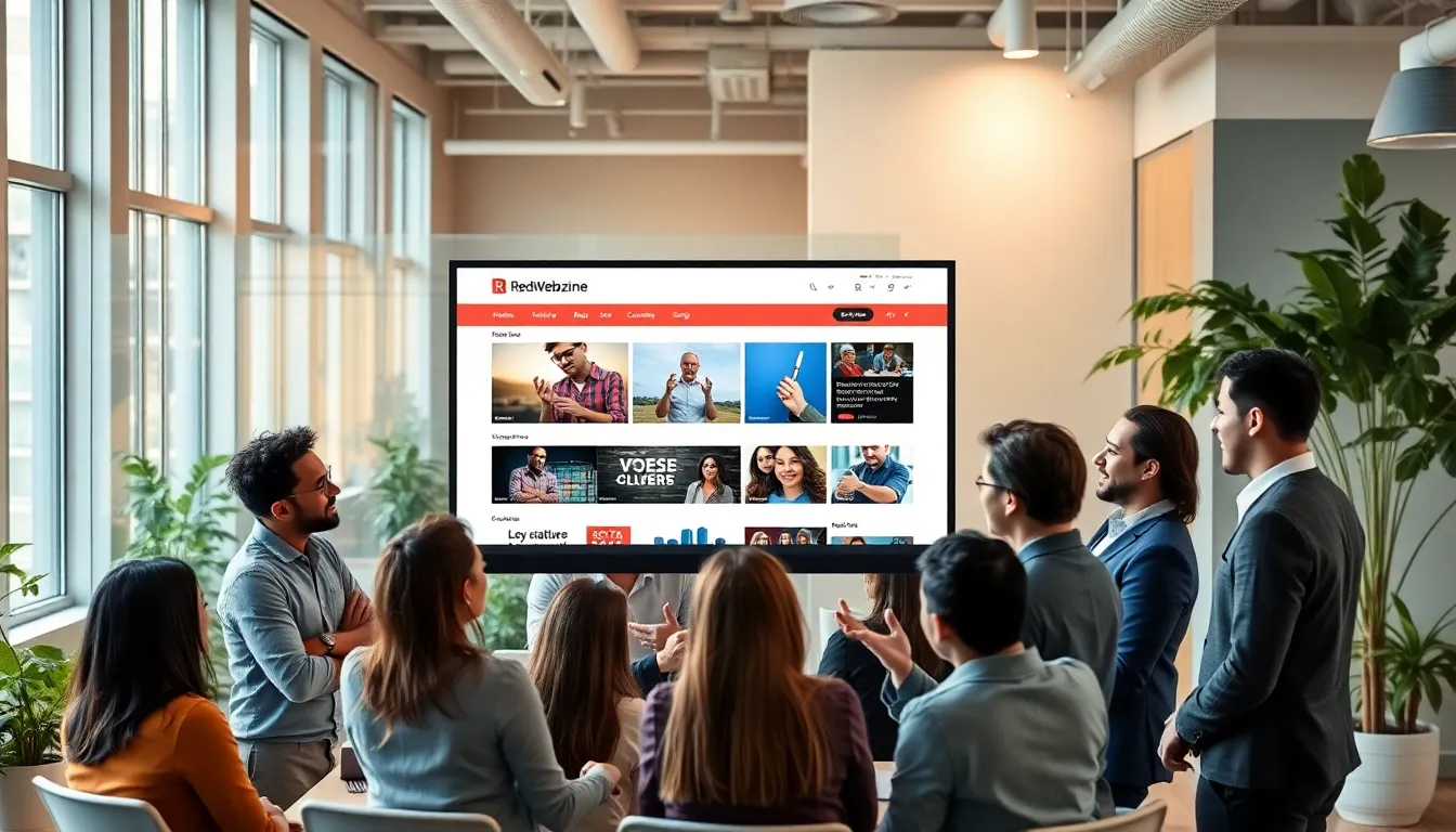 diverse team collaborating on online entertainment archives in a modern office.