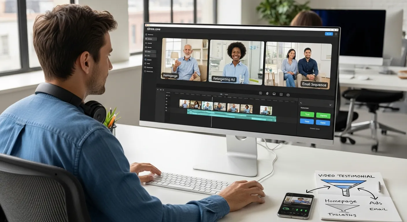 Marketer repurposing client video testimonials into multiple short clips on a computer.