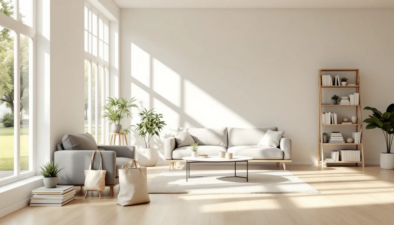 A bright, minimalist American living room with few belongings and natural sunlight.