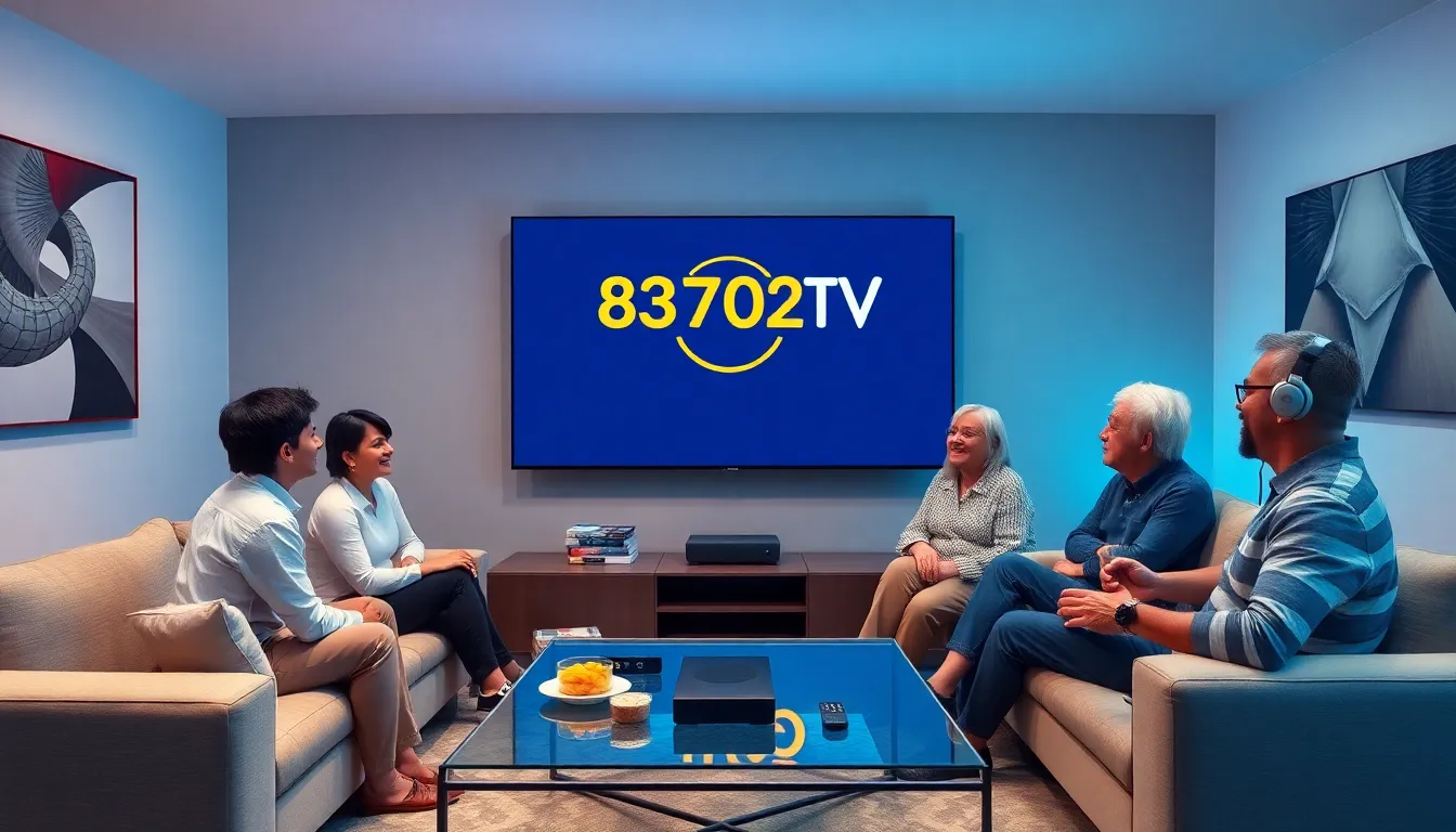 diverse group enjoying a movie in a modern living room.