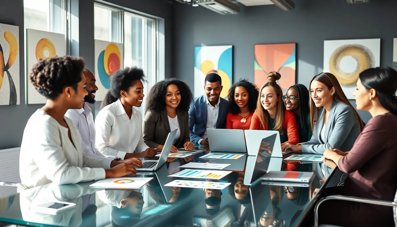 diverse professionals discussing concepts in a modern office setting.