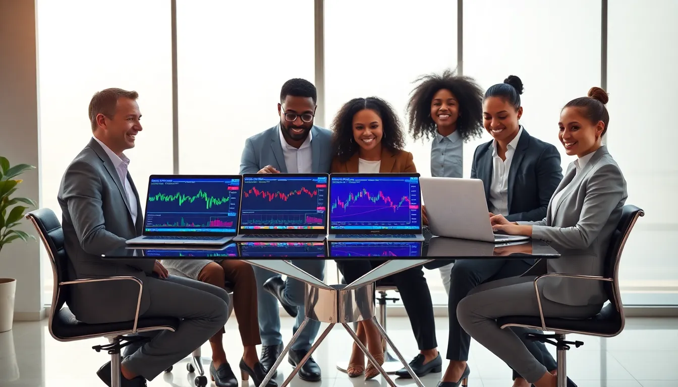 diverse team collaborating on cryptocurrency trading in a modern office.