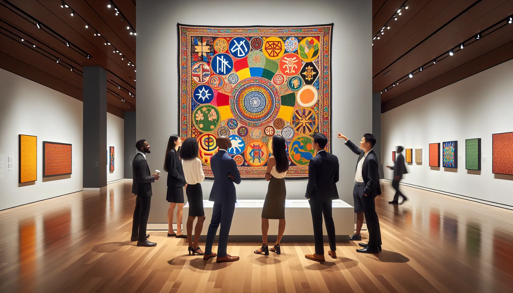 diverse professionals discussing a cultural tapestry in an art gallery.