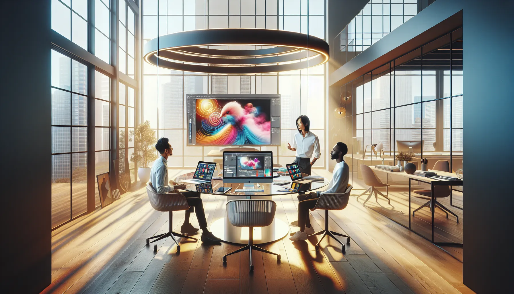 diverse team discussing graphic design software in a modern office.