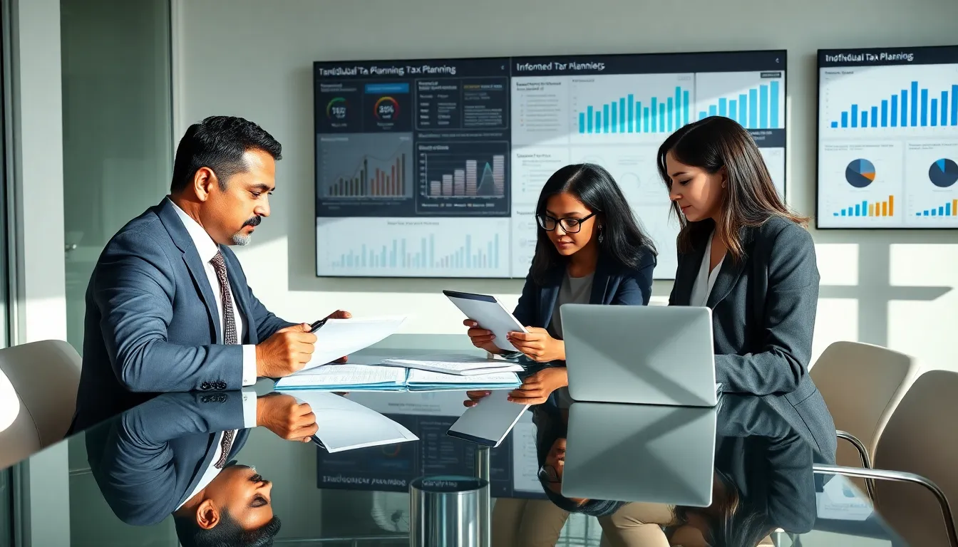 diverse professionals discussing individual tax planning in a modern office.